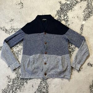 Express Sweater Mens Size Medium Blue Color Blocked Shawl Collar Cardigan Preppy